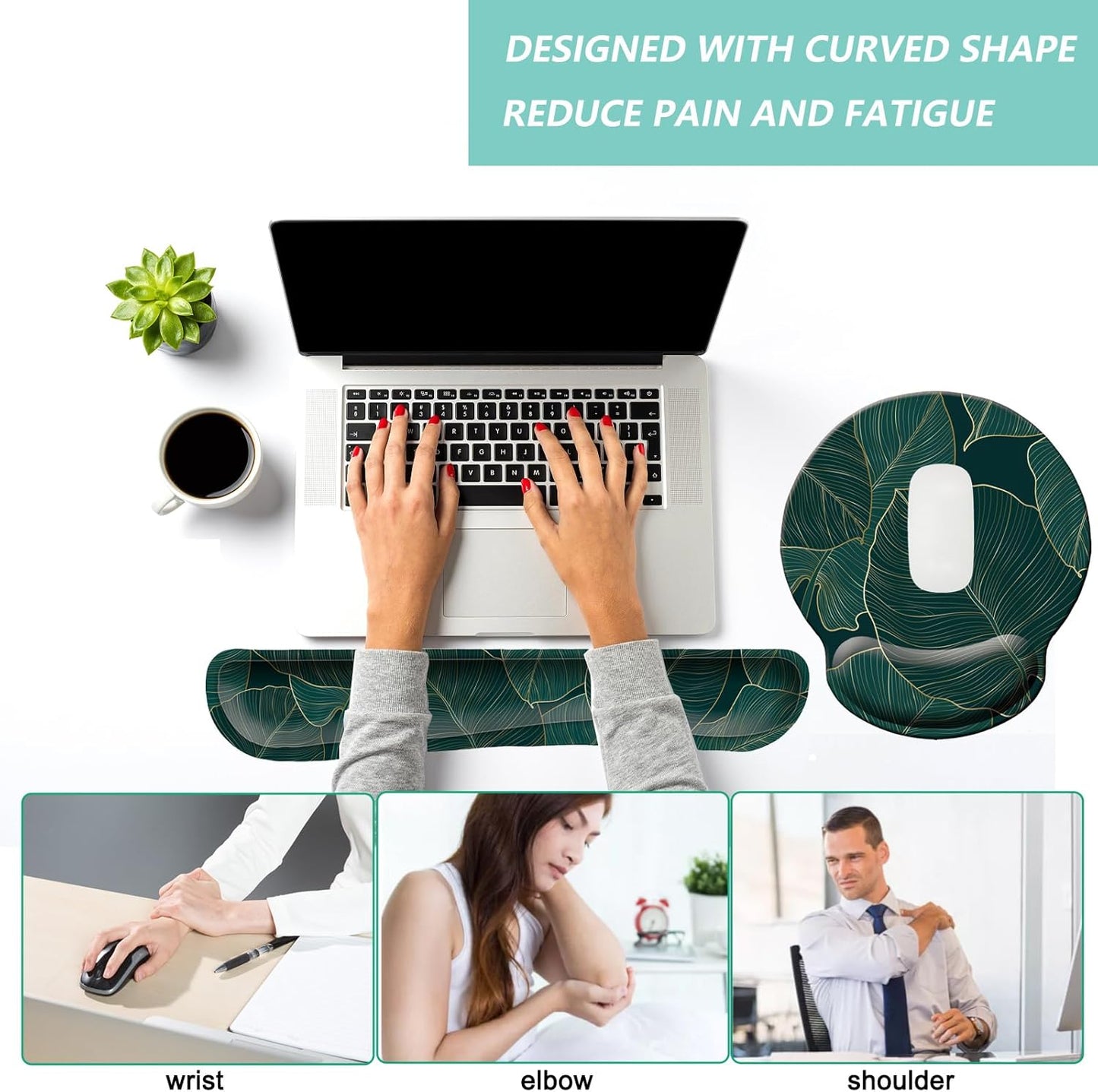 Keyboard Wrist Rest Pad Mouse Pad with Wrist Support Set of 3, Mousepad with Non-Slip Rubber Base, Ergonomic Memory Foam Mouse Wrist Cushion Support for Home Office Laptop Computer, Flower Black