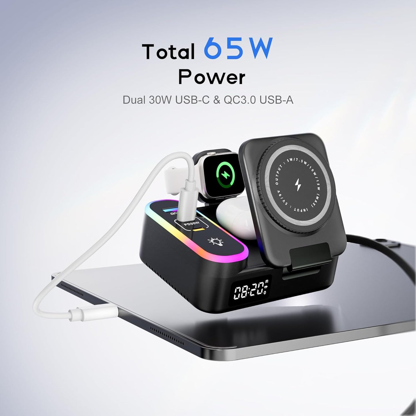 65W 8-in-1 Charging Station, 15W Magnetic Wireless Charger with Retractable Cable, 30W USB C Fast Charging Stand for iPad, Multiple Devices for iPhone 17 16 15 14 13 12 Pro Max Apple Watch Airpods
