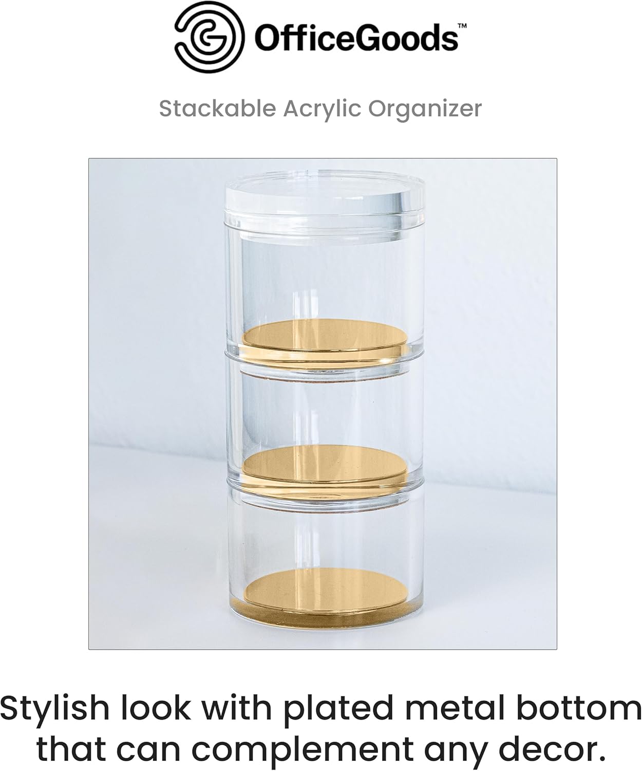 OfficeGoods 3-Tier Stackable Acrylic Holder- Stylish Desk Organizer and Storage for Office or Home – Transparent Round Design with Gold Metal Base