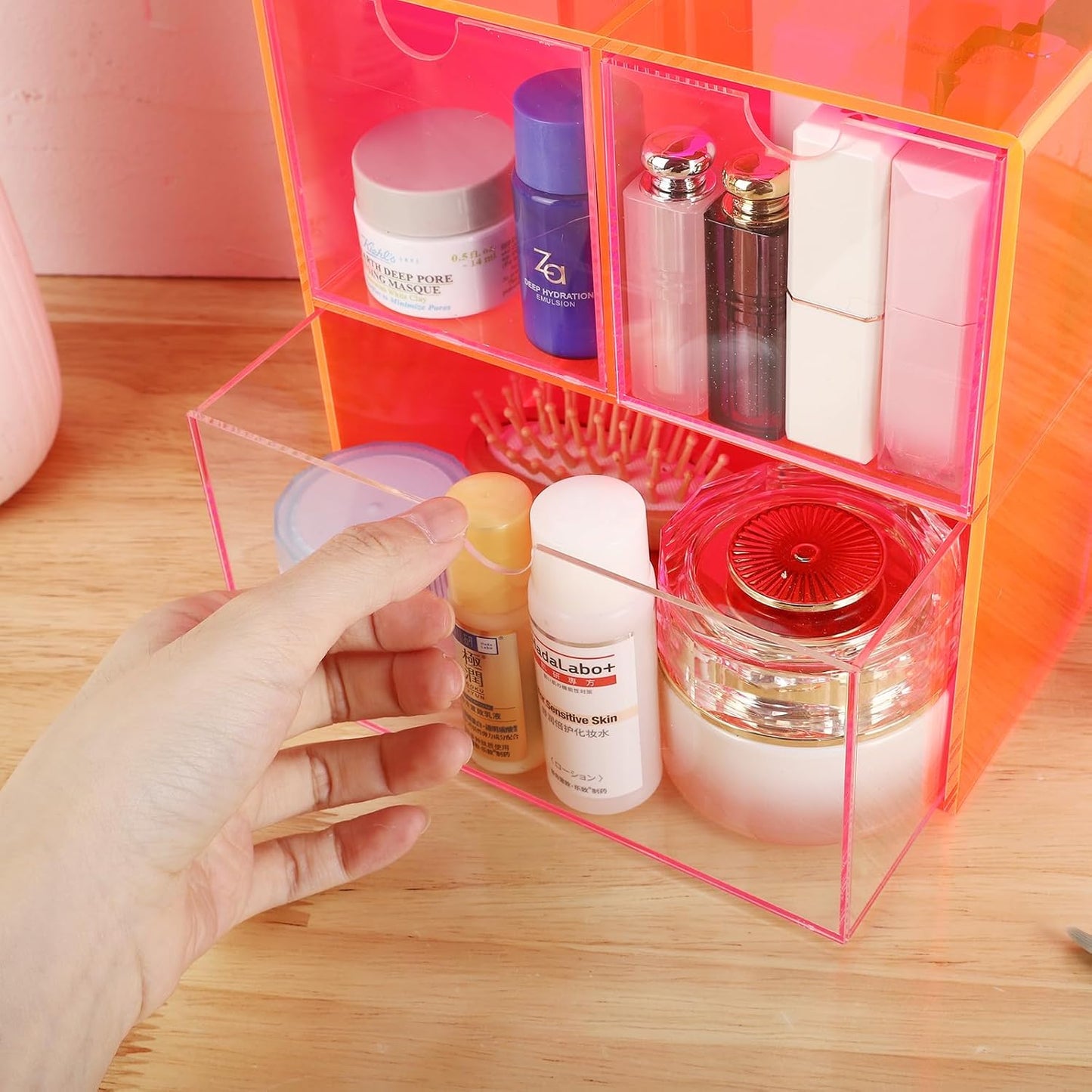 Gelite Desk Organizer with 3 Storage Drawers for Makeup Office Acrylic Desktop Drawer Organizer for Vanity Office Organization and Storage Box, Neon Pink