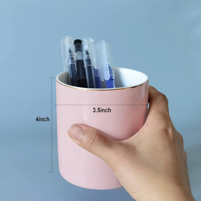 HANKOR Ceramic Pencil Holder for Desk - Cute Gold Trim Pen Aesthetic Makeup Brush Cup Holder Organizer for Desktop Storage Stationery Office Home Supplies, White
