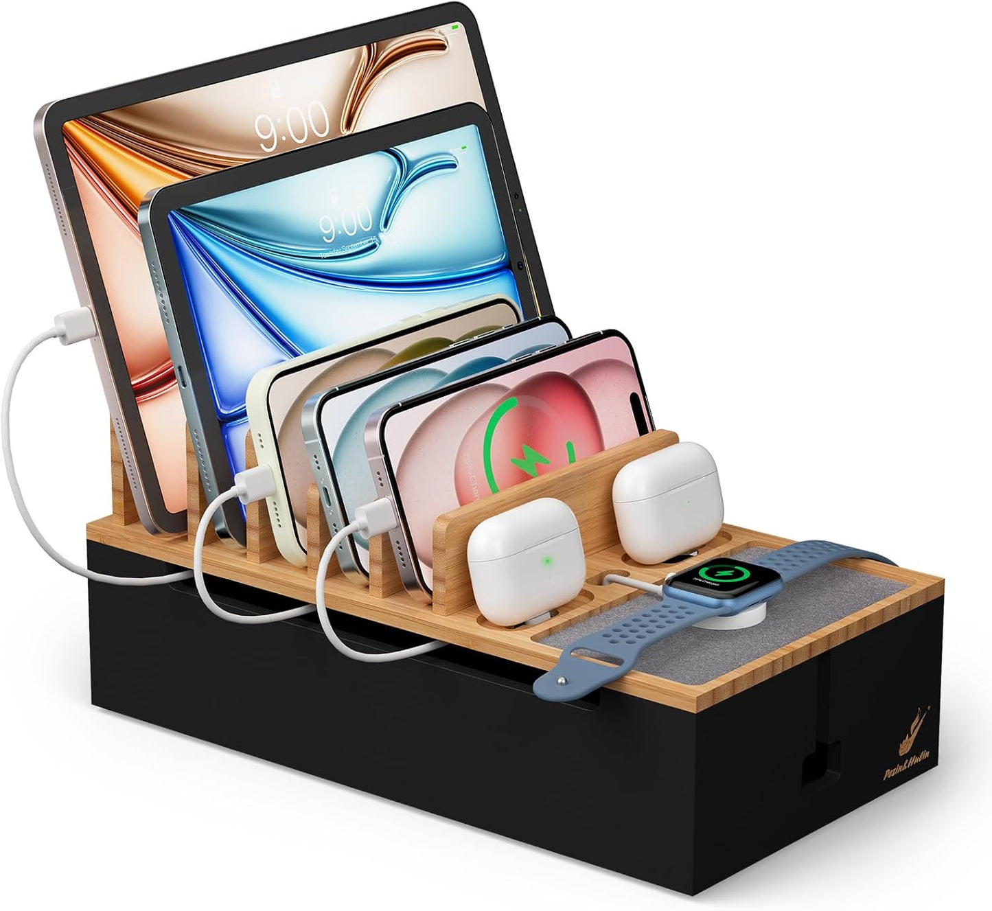 Pezin & Hulin Multi Charger Station Organizer Rack, Bamboo Cable Management Box, Power Strips and Cord Hider, Nightstand Device Organizer (Include 6 Cables)(No Power Charging Supply) -White