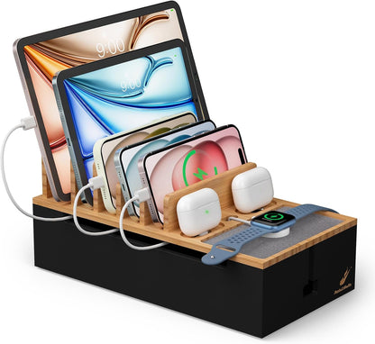 Pezin & Hulin Multi Charger Station Organizer Rack, Bamboo Cable Management Box, Power Strips and Cord Hider, Nightstand Device Organizer (Include 6 Cables)(No Power Charging Supply) -White