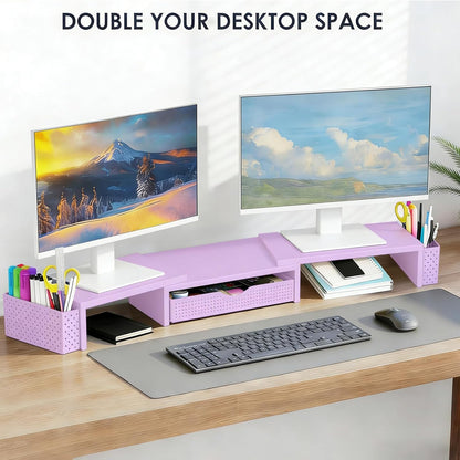 Spacrea Metal Desk Organizers and Accessories, Dual Monitor Stand Riser with Drawer and 2 Pen Holders, Book Racks, Desk Accessories & Workspace Desktop Organizers for Office Supplies (Black)