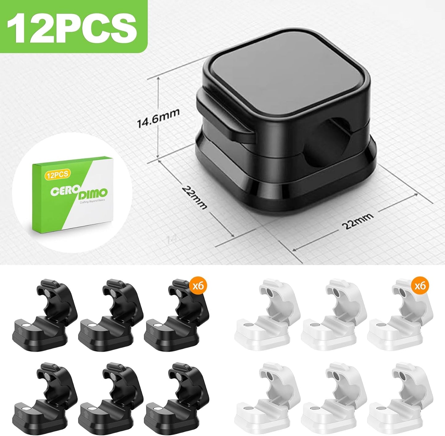 12 Pack Magnetic Cable Clips, Adjustable Desk Cord Holder and Cable Organizer for Home, Office, Car, Nightstand, Adhesive Wire Holder for USB, Phone, and Desktop Management