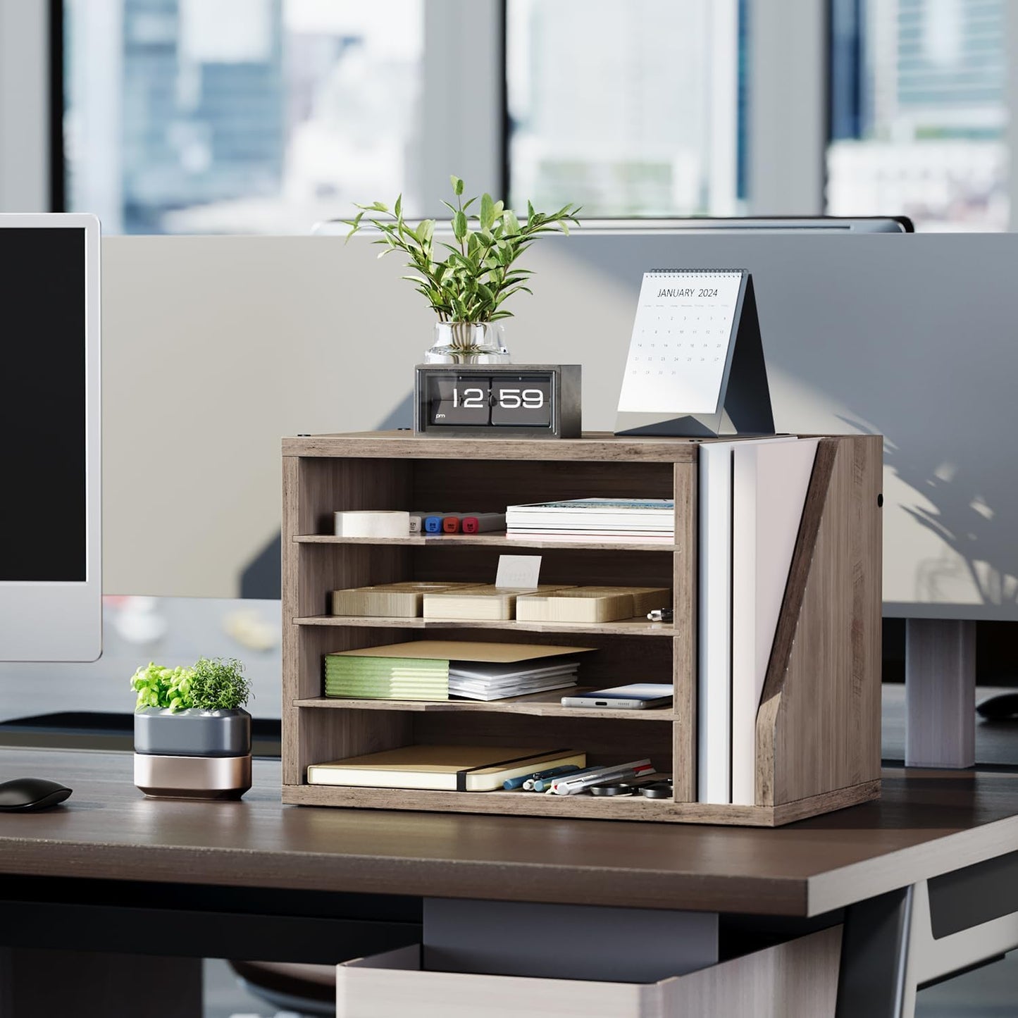 Creso hom Mail Sorter, File Organizer Desktop, Wood Desk Organizer with 3 Adjustable Shelves, Mail Holder for Office, Home, Letter Sorter File Holders for Envelopes, Supplies Magazines, Rustic Brown