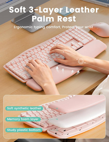 Wireless Keyboard and Mouse Combo, SABLUTE MA41 30dB Quiet Ergonomic Wave Keyboard Set with Soft Leather Palm Rest, Dual-System Switch for Windows/Mac, Ideal for Business Teams Home Office