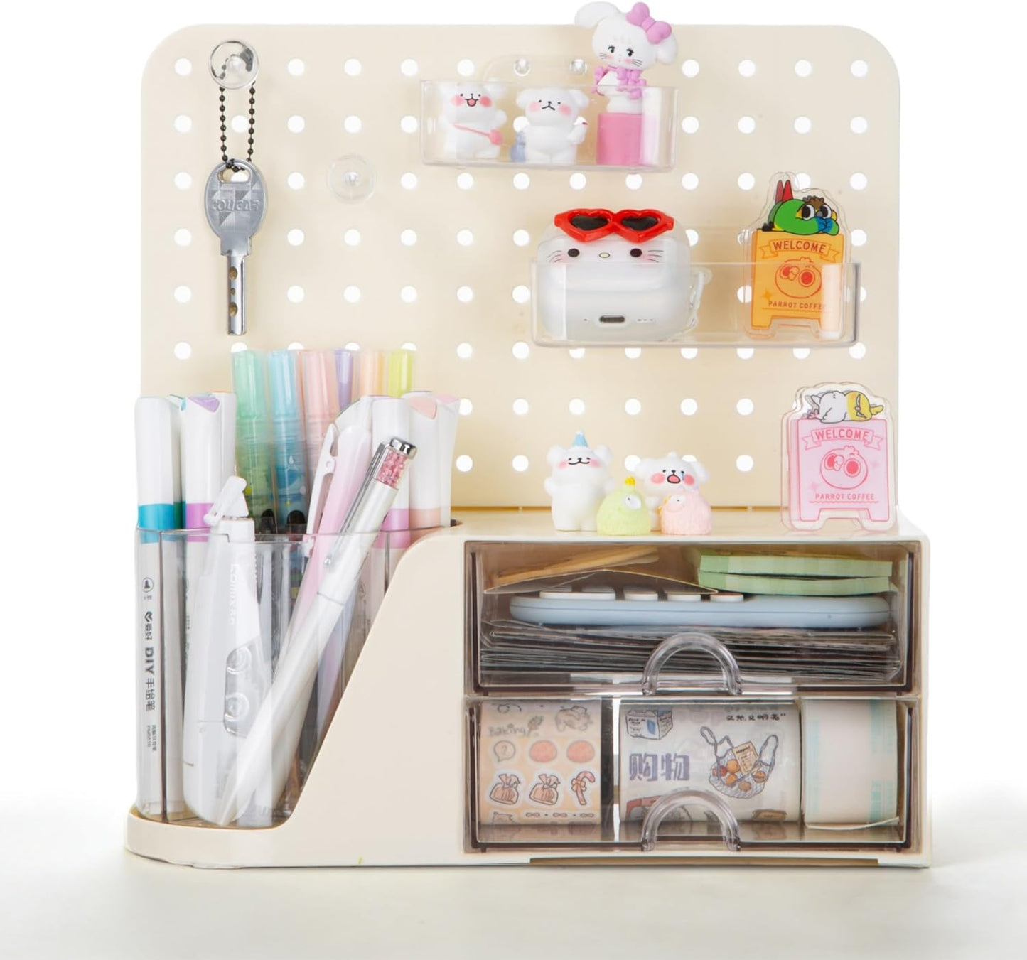 Comix 360° Rotating Pen Holder for Desk, Cute Pencil Holder Pen Organizer, Beige Acrylic Pencil Cup Caddy with 5 Slots for Home School Office Supplies