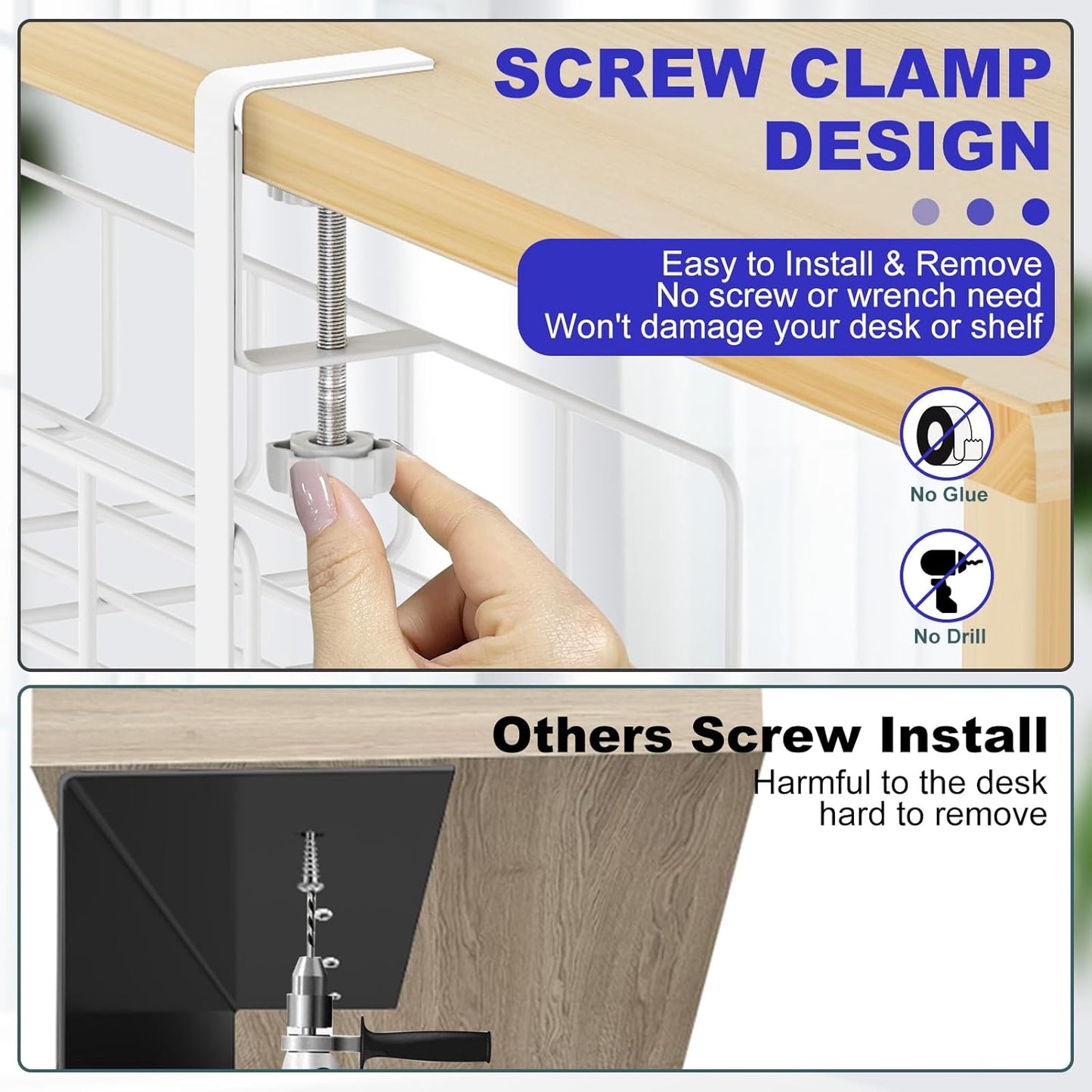 15.7” Under Desk Cable Management Tray, No Drill Steel Cable Tray Organizers, Wire Management Tray Cable Rack with Clamp Mount, Metal Under Desk Tray with Wire and Cord Organizer (Black, 1 Pack)