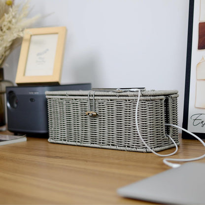 BROWNLILY Cable Management Box, Rattan Style Cord Organizer for Desk Cord Hider Outlet Covers Baby Proofing for Power Strip TV PC Router Charger Under Desk Storage with Lockable Lid and Cable Ties