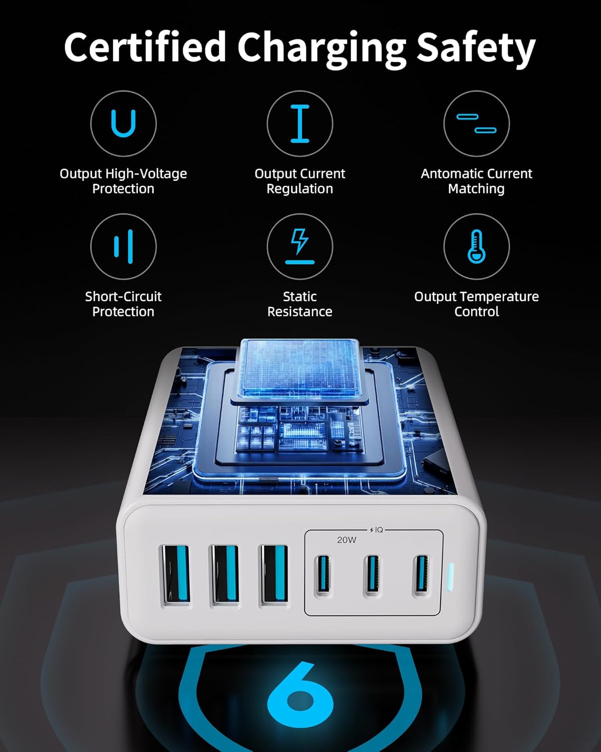 105W USB C Fast Charger, 6-Port Desktop GaN USB Charging Station Hub, USB C Charger Block Wall Charger for iPhone 17/16/15/14/13/12/11, iPad, Samsung and More (Cable Organizer Included)
