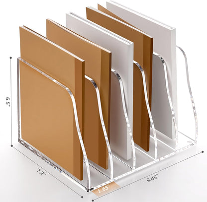 YUXUN Clear Acrylic File Folder Holder - 4 Vertical Compartments Desk Document Sorter, Upright Magazine Rack for Office/Home/Classroom, Stores Documents, Tablets, Magazines, Books & Accessories