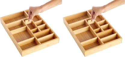 Juvale Drawer Organizer Tray - 8-Slot Drawer Divider for Utensils - Versatile Silverware Holder - Desk Tray for Office Supplies - 14 x 10 x 2 in, Brown, Bamboo
