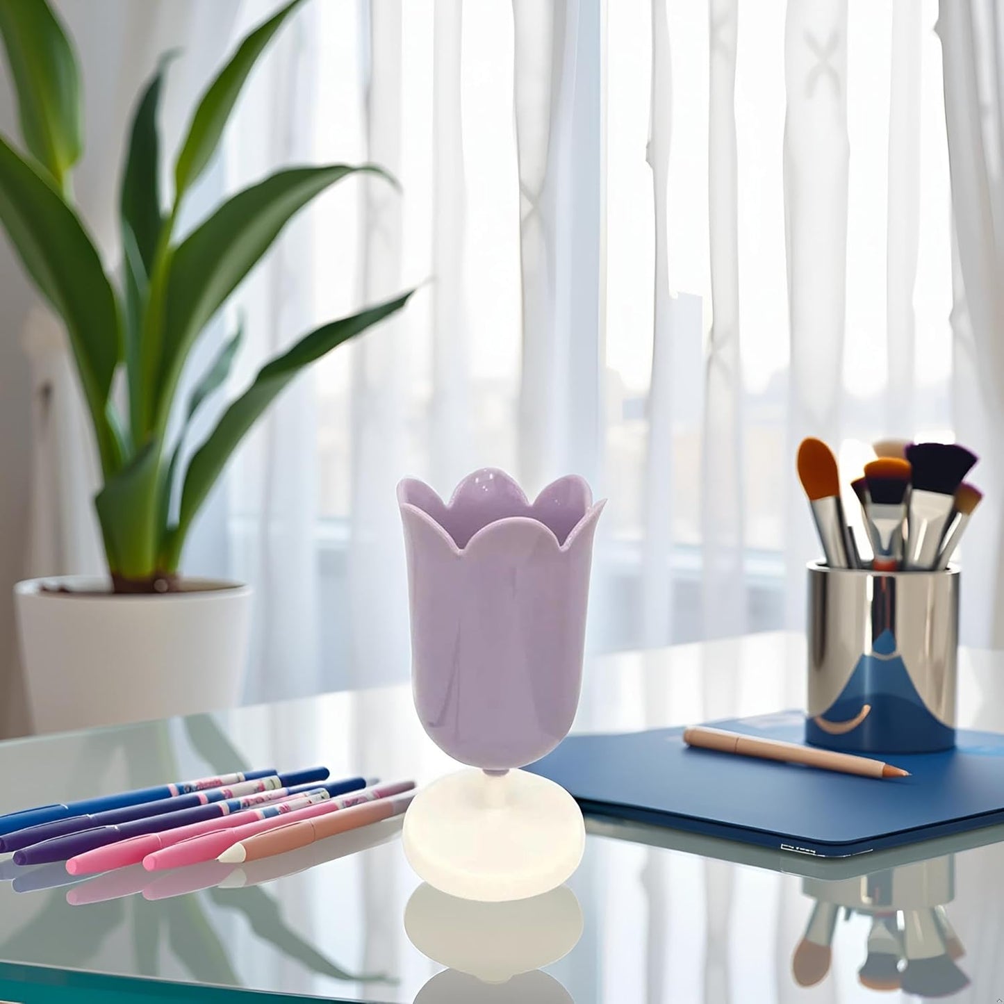 Pink Plastic Tulip Pen Holder Cute Pens Cup for Desk Pen Brush Organizer Office Stationery Supplies Home Decor Desk Supplies Holders and Dispensers(ZS399)
