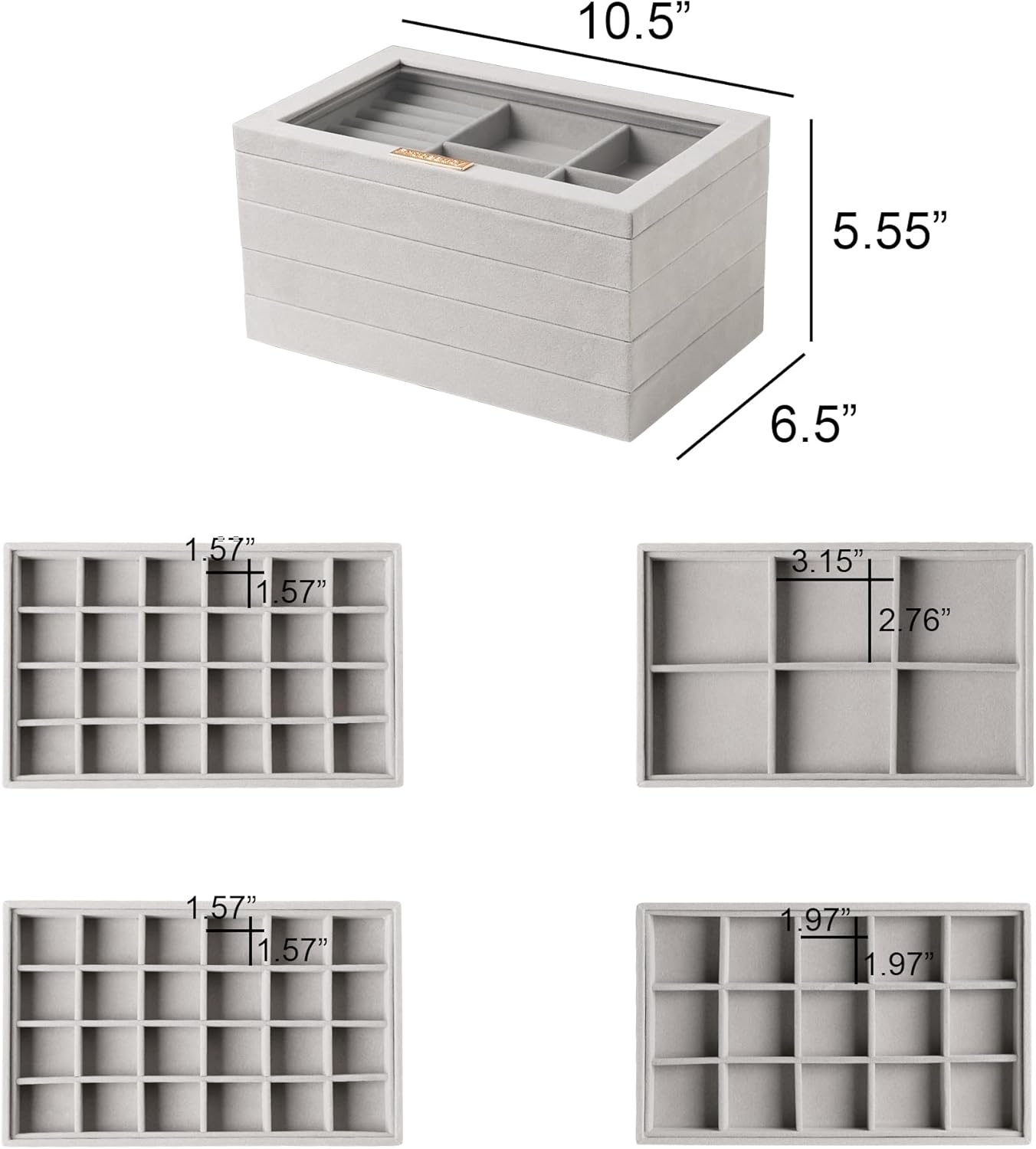 Frebeauty Stackable Jewelry Trays, Velvet Drawer Jewelry Organizer with Glass Lid,5 in 1 Multi-Functional Jewelry Storage for Earrings Necklaces Rings, 10.5 x 6.5 x 5.55 Inches Gift for Women(Beige)