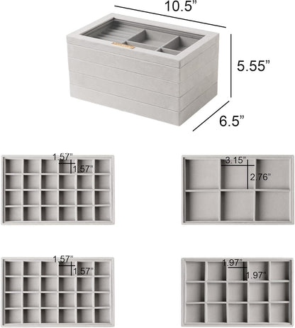 Frebeauty Stackable Jewelry Trays, Velvet Drawer Jewelry Organizer with Glass Lid,5 in 1 Multi-Functional Jewelry Storage for Earrings Necklaces Rings, 10.5 x 6.5 x 5.55 Inches Gift for Women(Beige)
