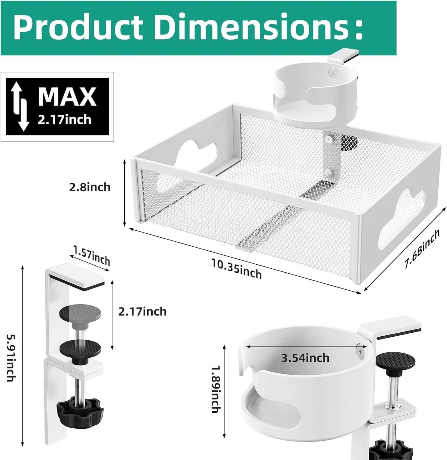 CABTE Desk Cup Holder with Drawer Organizer, Anti-Spill Clip-On Table Cup Hook with 360° Rotation Hidden Storage Box for Office Home Gaming Table (Black)