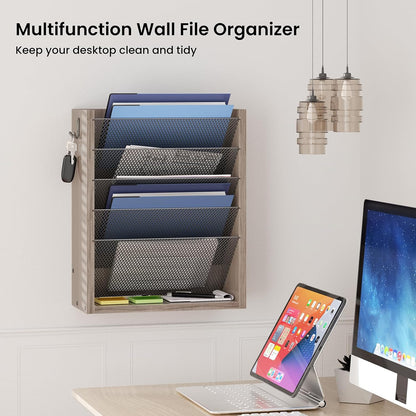 Creso hom Mail Organizer Wall Mounted, 6-Tier Wall File Organizer with 2 Hooks, Wooden Desk Organizer Magazine Holder with Bottom Flat Tray, for Office Home, Rustic Brown