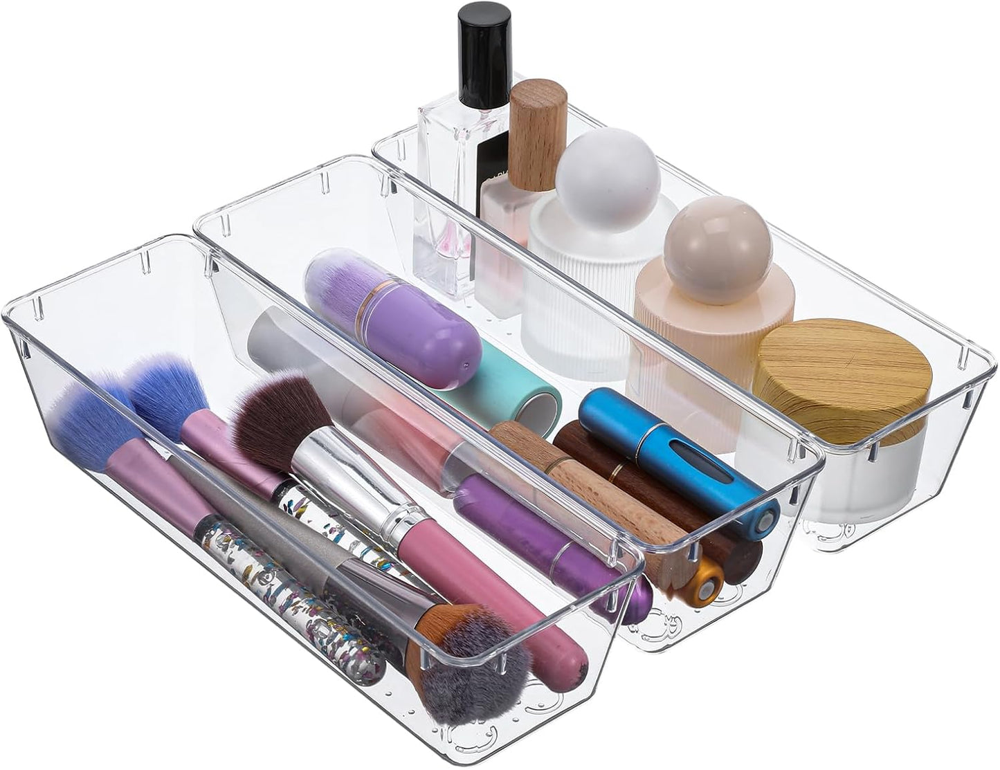 MAQUITA 12 Pcs Vanity Drawer Organizer 9 x 3 x 2 Inches Clear Plastic Utensil Organizers Kitchen Drawers Dividers for Office Desk Silverware Kitchen Utensils Cosmetics and Bathrooms(Clear)