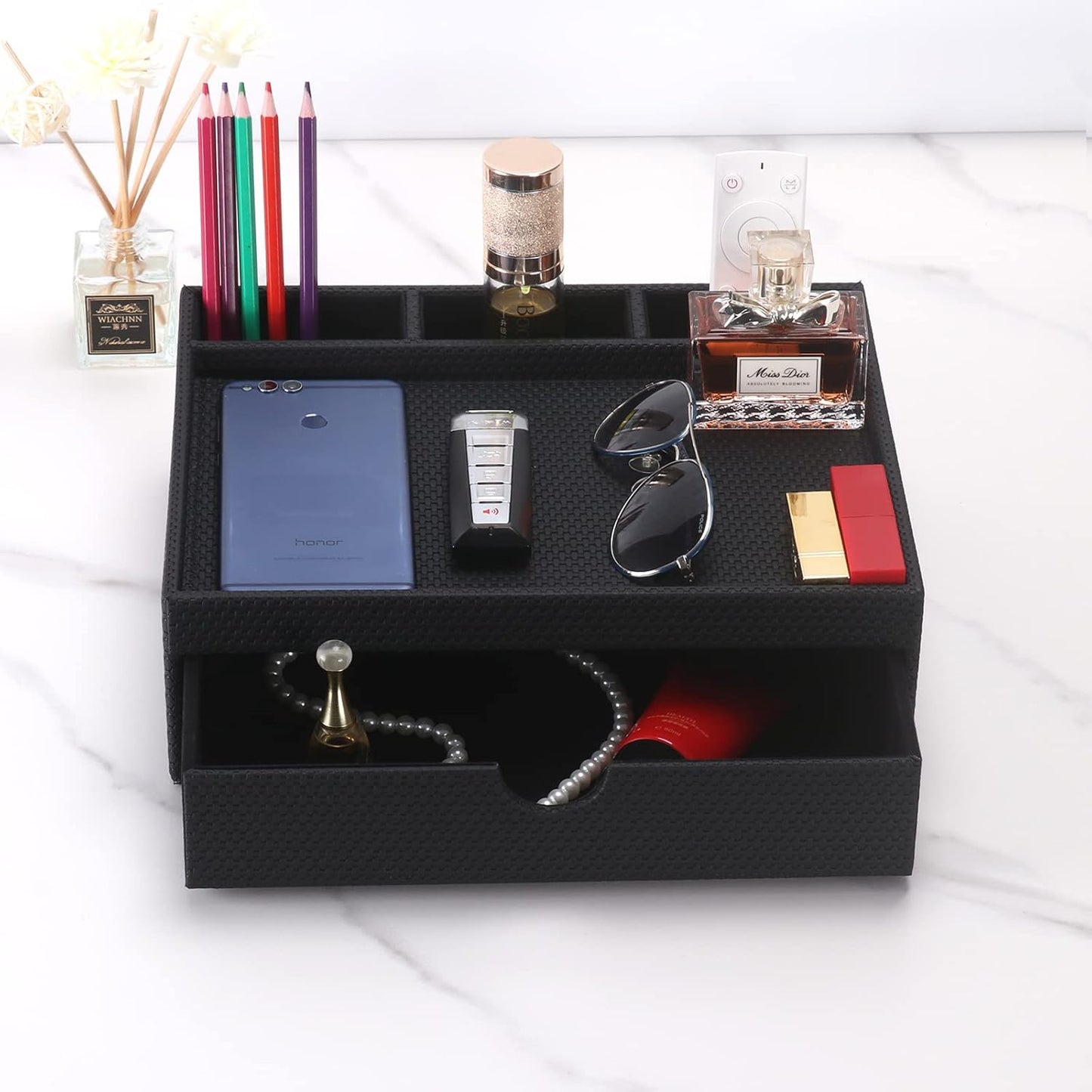 Leather Desk Organizer With Drawers, Home Cosmetics & Phone Remote Organizer, Drawer Plus Divider & Tray (white)