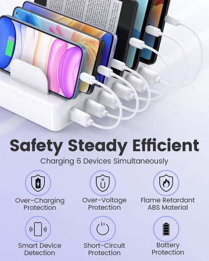 CREATIVE DESIGN 50W 6 Ports Multi Charger Station with 6 Charging Cables, USB Charging Dock for Multiple Devices, Compatible with Cellphone iPad Kindle Tablet and Other Electronic Devices