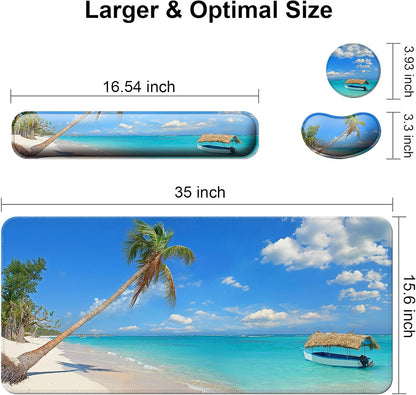 Keyboard Wrist Rest + Mouse Pad with Wrist Support + Desk Mat + Coaster 4 in 1 Set, XXL Large Gaming Mousepad Cute Ergonomic Mouse Pads for Desk Computer Laptop Office Decor-Beach