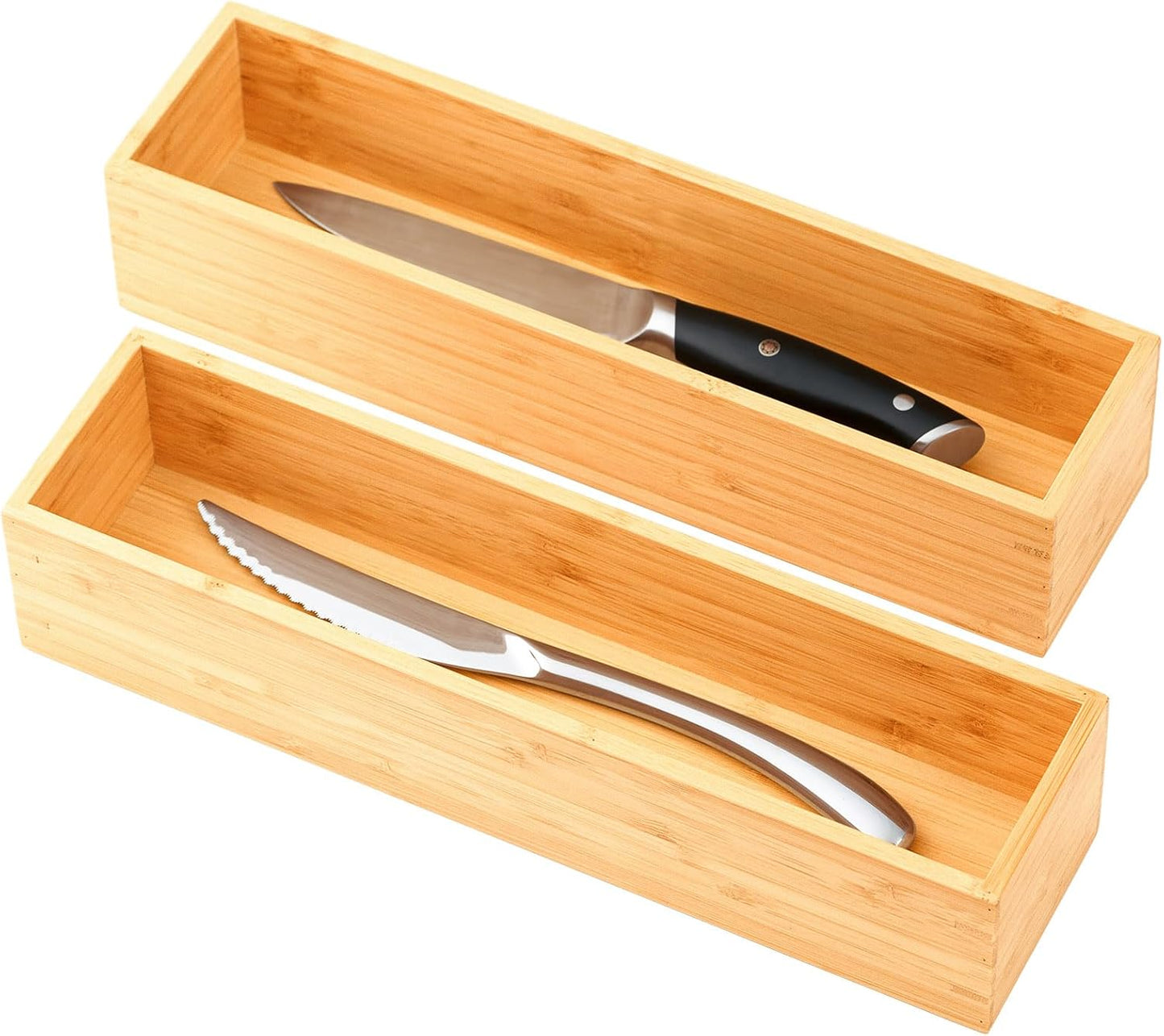 Umilife Bamboo Kitchen Drawer Organizer, Extra High Silverware Tray, Flatware Cutlery Storage Box, Multi-Use Holder in Office, Bathroom, Pantry - 9"x6"x2.5" (Set of 2)