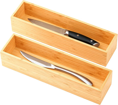 Umilife Bamboo Kitchen Drawer Organizer, Extra High Silverware Tray, Flatware Cutlery Storage Box, Multi-Use Holder in Office, Bathroom, Pantry - 9"x6"x2.5" (Set of 2)