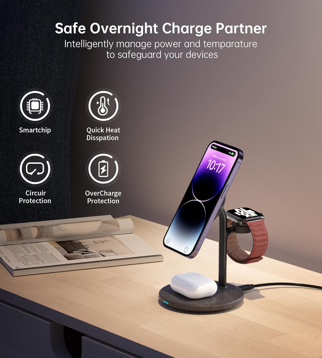 XooFly 3 in 1 Wireless Charging Station for Apple Devices, Fast Wireless Mag-Safe Charger Stand with 20W Adapter for iPhone 17 16 15 14 13 12 Pro Max/Air/Plus/Pro,iWatch,AirPods-Gift for Wife&Husband
