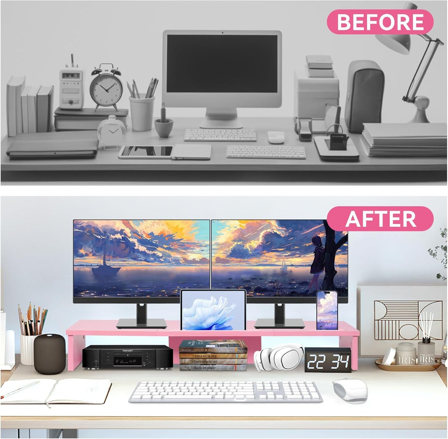 Qupui Computer Monitor Stand Riser with Drawer and Pen Holders, Desk Organizer Shelf and Accessories, Office Desk Accessories, Office Organization, Black