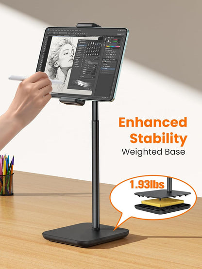 tounee Height Adjustable Tablet Stand, 3.5lb (1.6kg) Max Support, Up to 18" Tall, Slim Portable Monitors Stand Compatible with iPad Pro 12.9, Surface Pro, All 4.7"-15.6" Devices - Black