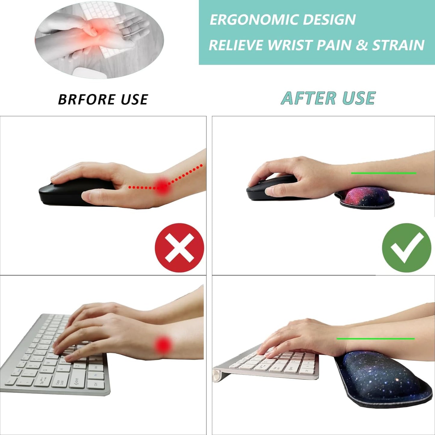 Keyboard Wrist Rest Mouse Wrist Support Set, Memory Foam Wrist Rest Pad for Computer Laptop Keyboard Mouse, Ergonomic Wrist Cushion Support for Typing Pain Relief, Gaming Home Office, Purple