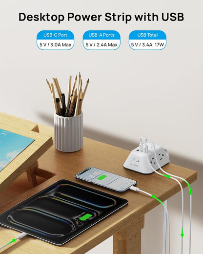 Desk Clamp Power Strip, Surge Protector with 5 AC Outlets and 3 USB Ports, Desk Mount Charging Station, Fit 1.97in Tabletop Edge Thick, 6FT Extension Cord, for Home Office Gaming Accessories, Black