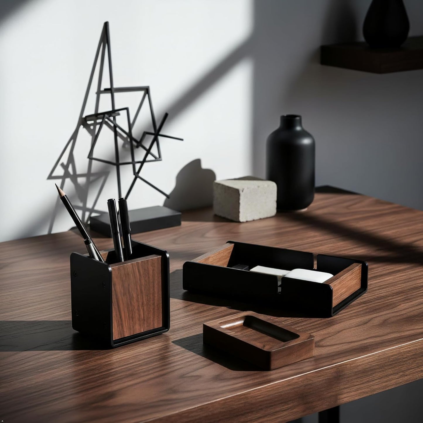 Walnut Desk Tray with Pen Holder Set, Solid Wooden Desk Drawer Organizer for Keys, Pen, Watch, Airpods, Earbuds, Cool Valet Tray for Men