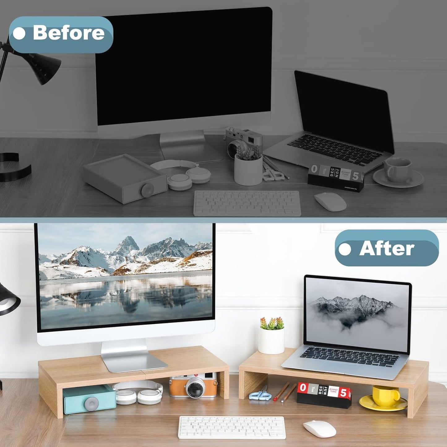 TEAMIX 20 inch White Monitor Stand Riser, Wood Desktop Stand for PC/TV/Laptop/Printer, White Monitor Riser with Storage, Computer Stand with Keyboard Organizer