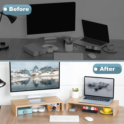TEAMIX 20 inch White Monitor Stand Riser, Wood Desktop Stand for PC/TV/Laptop/Printer, White Monitor Riser with Storage, Computer Stand with Keyboard Organizer