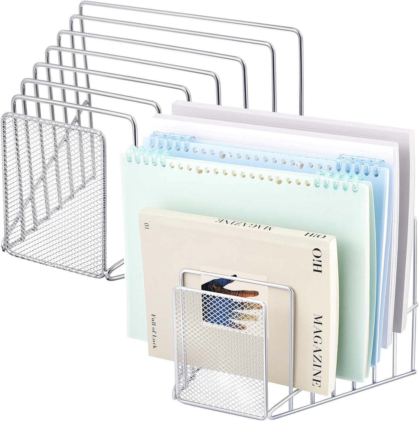 2 Pcs 7 Section Wire File Organizer for Desk, Metal Mesh Incline File Holder, Letter & Magazine Folder Rack, Desktop Paper Sorter for Home Office School (Golden)