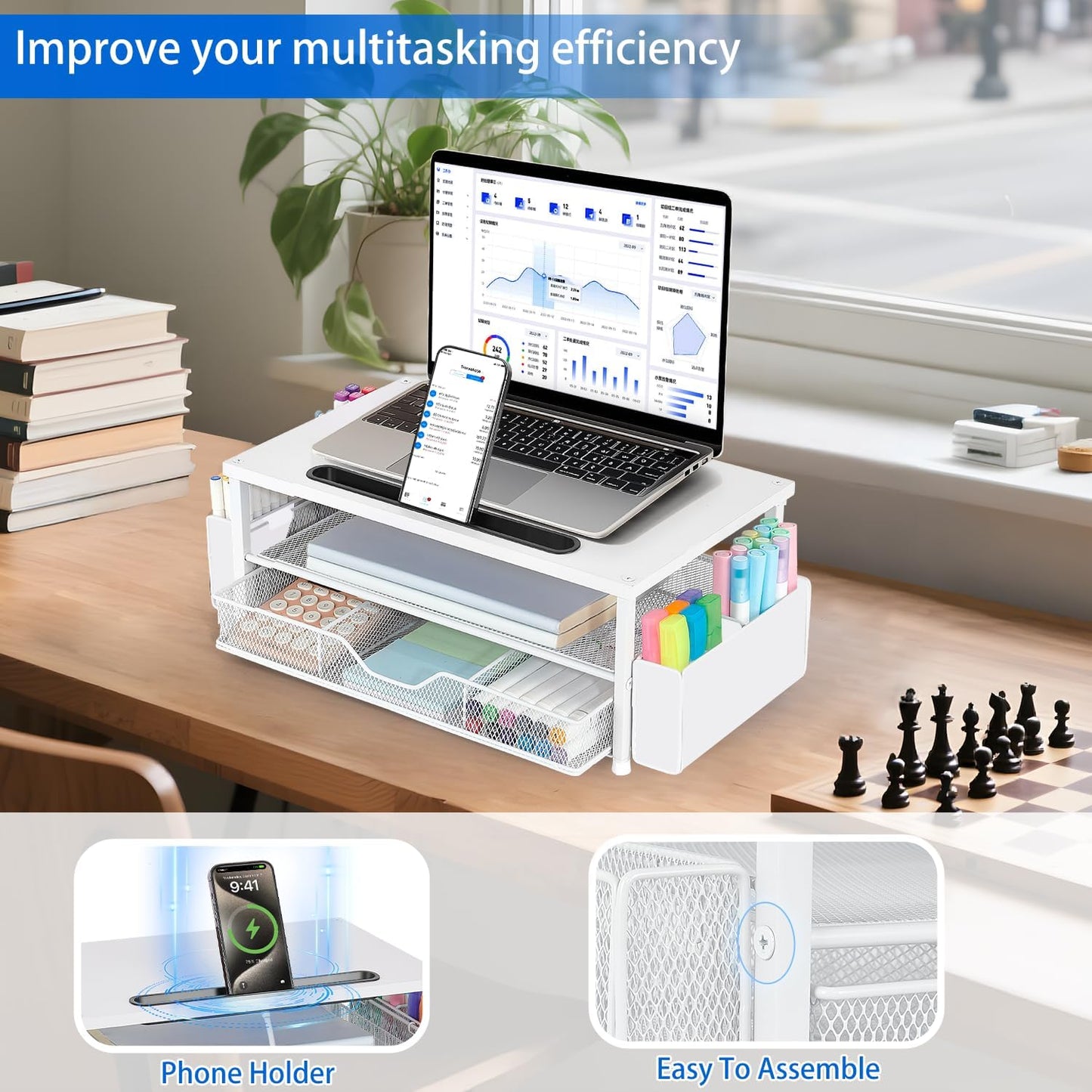 AUPSEN Wood Desk Organizers and Accessories, 2-Tier Computer Monitor Stand Riser with Drawer, Pen Storage & Phone Holder, Office Desk Accessories, Workspace Desktop Organization for Office Supplies（Brown）