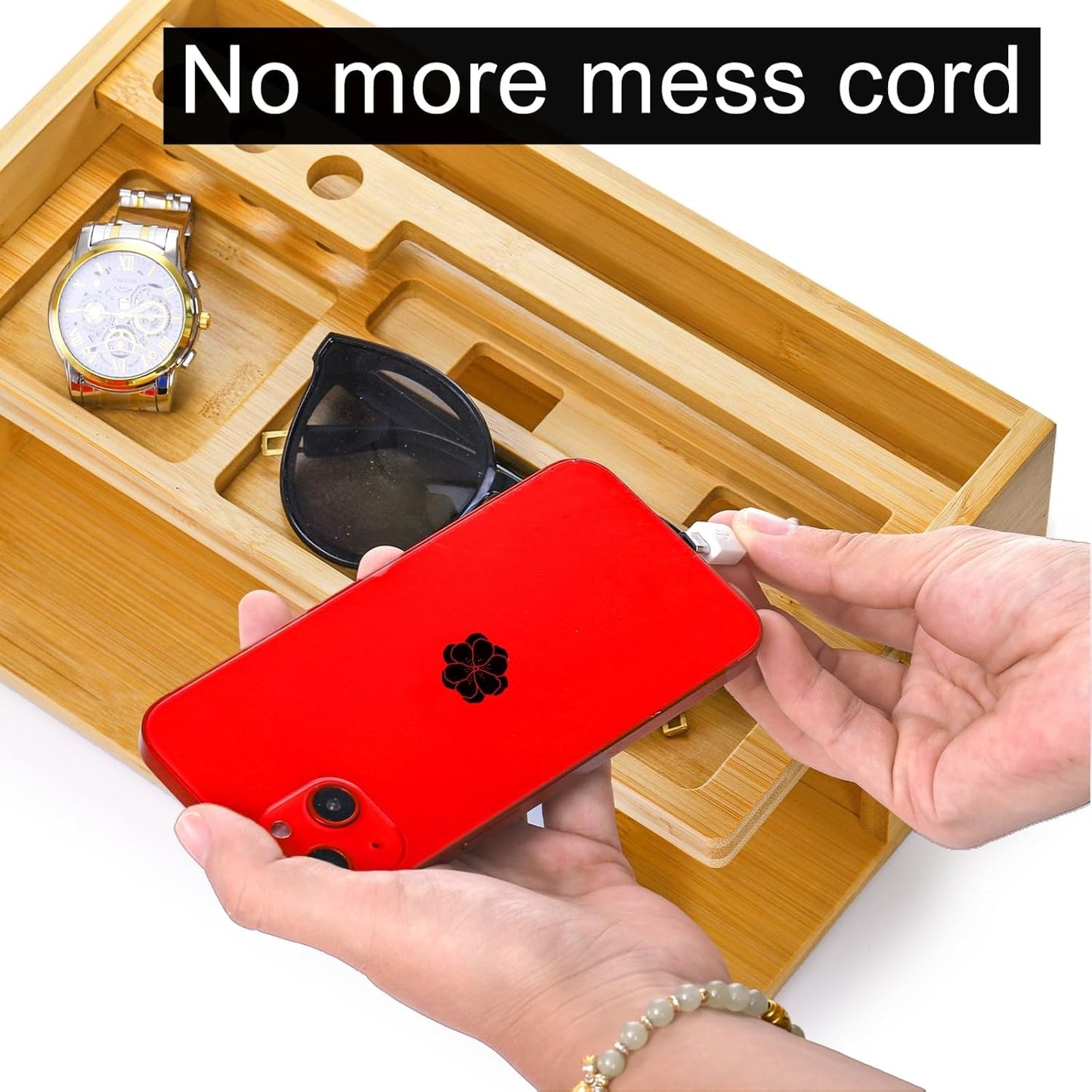 Yopay Nightstand Organizer for Men, Luxury Bamboo Phone Docking Station for Dad Husband, Charging Organizer Cell Phone Stand Tablet Stand for Boyfriend Graduation Office Father's Day