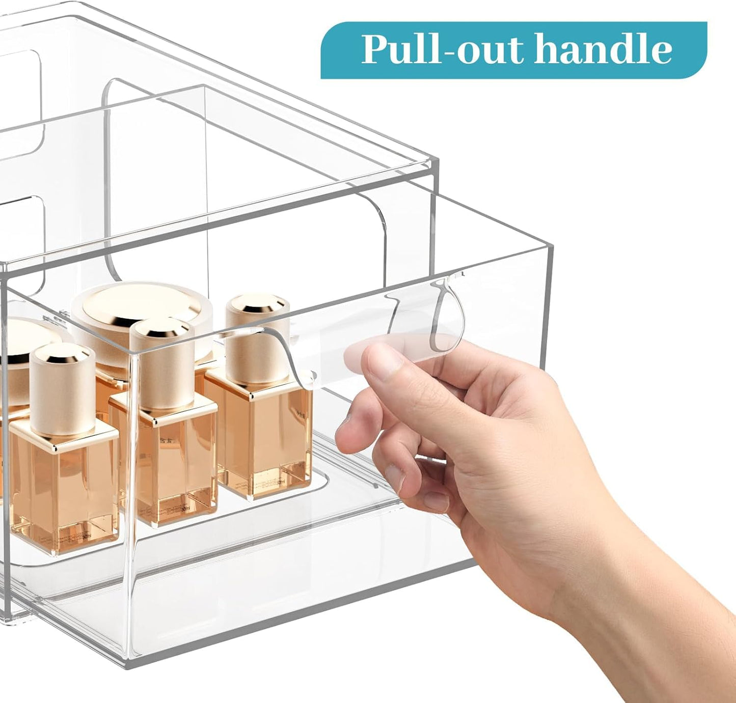 SpaceHacks 4 Pack Stackable Plastic Makeup Organizer Drawers, Acrylic Organizers, Clear Storage Bins with Pull-Out Handles for Vanity, Kitchen Cabinets, Pantry