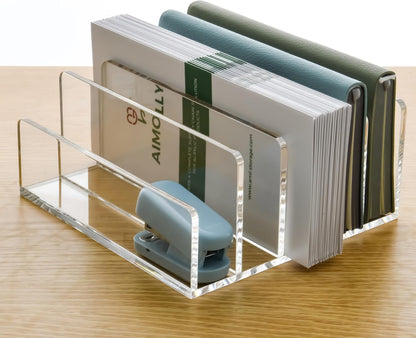 3 Compartments Clear Acrylic Mail Holder – Vertical Letter Sorter & Multifunction Desk Organizer for Bills, Documents, Notebooks – Modern Office/Home Envelope File Rack