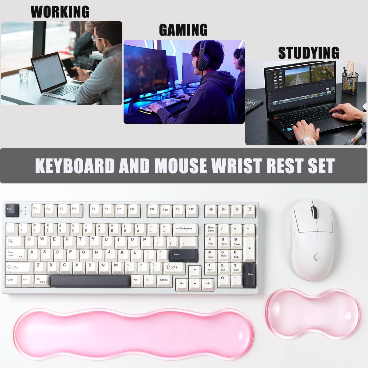 Ergonomic Gel Keyboard and Mouse Wrist Rest Set – Clear Wrist Rest for Computer Keyboard 60%/68%/75%, Comfort & Support for Typing and Gaming (Grey Purple)