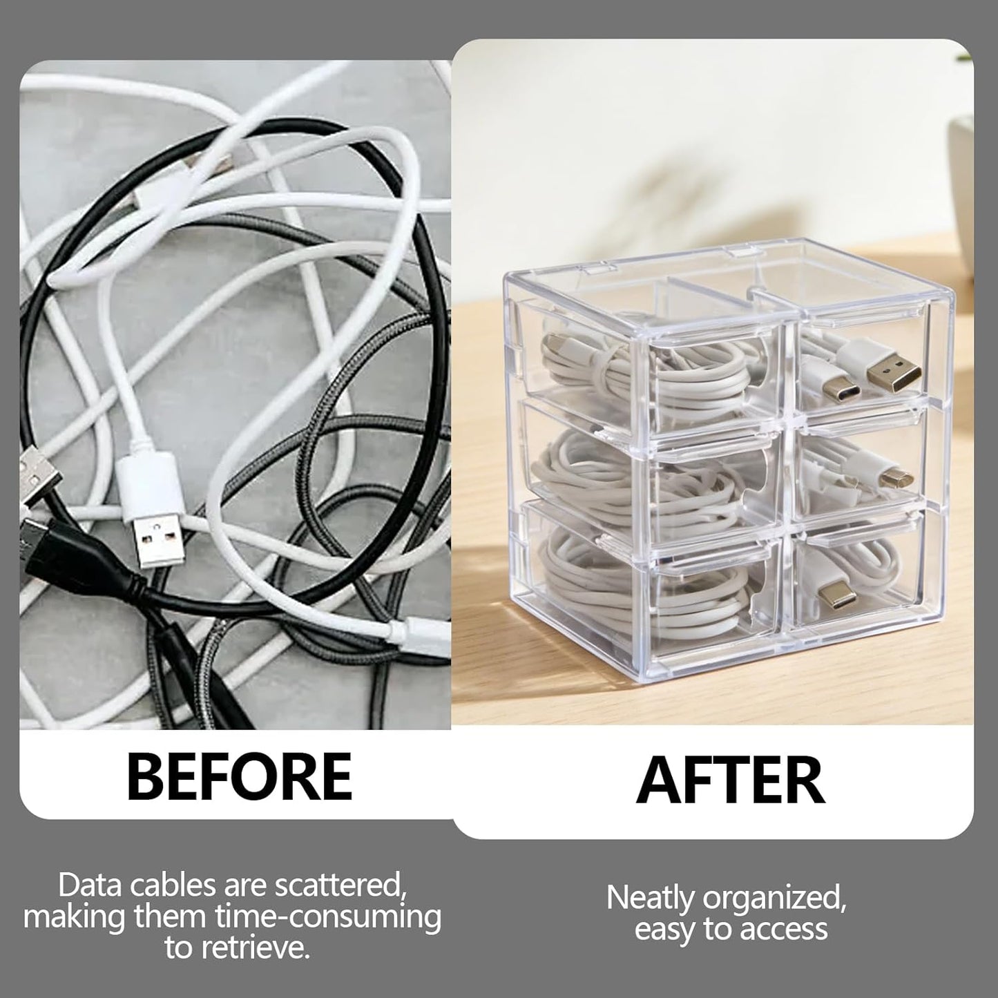 Cable Management Box 3 Layer 6 Compartment PP Material Cable Organizers for Desk Clear Cord Organizer with 118in Hook and Loop Tape Charger Organizer Electronics Travel Case for Home Office