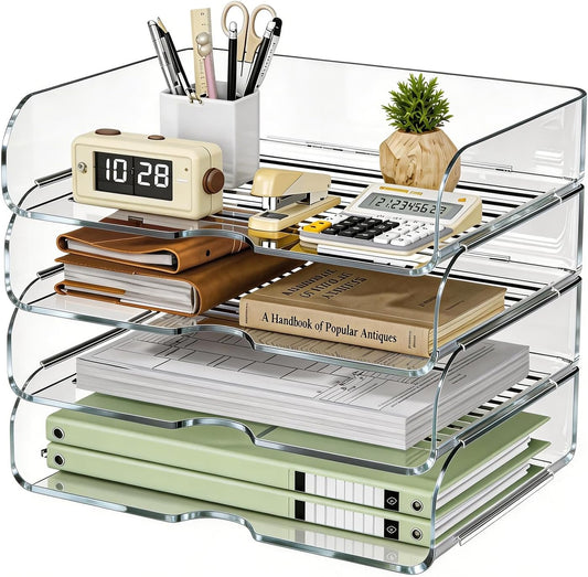 HIYOHIYO Clear Office A4 Paper Desk Organizer, Acrylic Desktop Organizer for A4 File Folder Stackable, Large Capacity Desk Paper Holder, Organizer for Office File, 4 Tier Horizontal Style