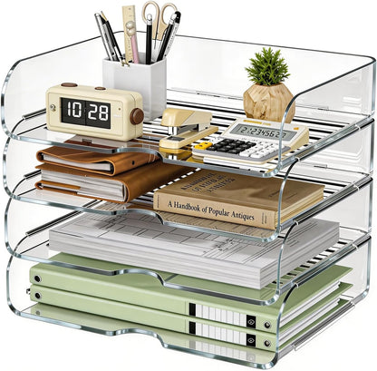 HIYOHIYO Office Acrylic Clear A4 Paper Organizer for Desk, Stackable Office Desk Paper Organizer, Large Capacity Desktop Papers Tray Holder, Organizer for A4 File Folder, 4 Tier Vertical Style