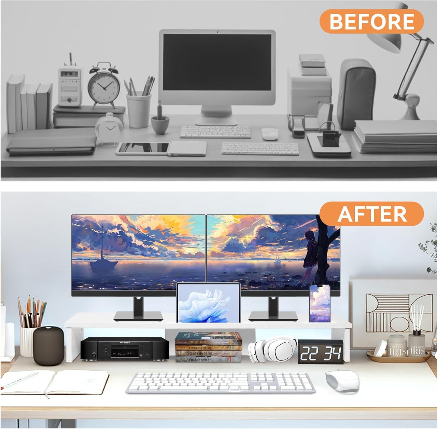 Qupui Computer Monitor Stand Riser with Drawer and Pen Holders, Desk Organizer Shelf and Accessories, Office Desk Accessories, Office Organization, Black