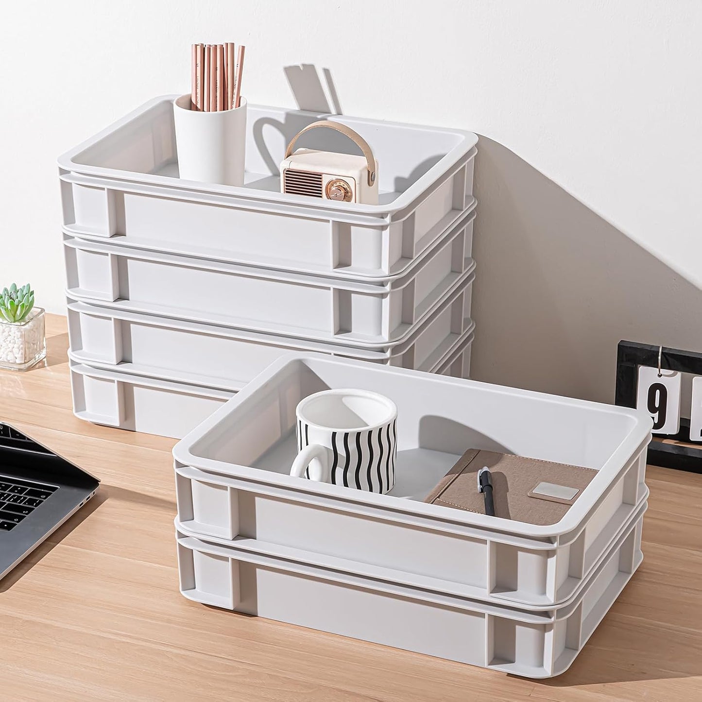 Stackable Organizer Boxes - Create Your Perfect Modular Desktop Storage System Office Desk Organizer Set15.8''*11''*3.26'' (Beige, 6Large)