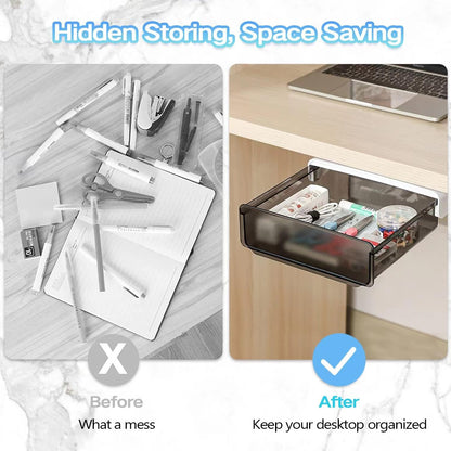 Self-adhesive Under Desk Drawer Organizer, 2 Pack Table Hidden Slide Out Large Storage Mounted Desktop Pencil Holder Tray Drawers for Office Home School Stationery Kitchen (Large, White)