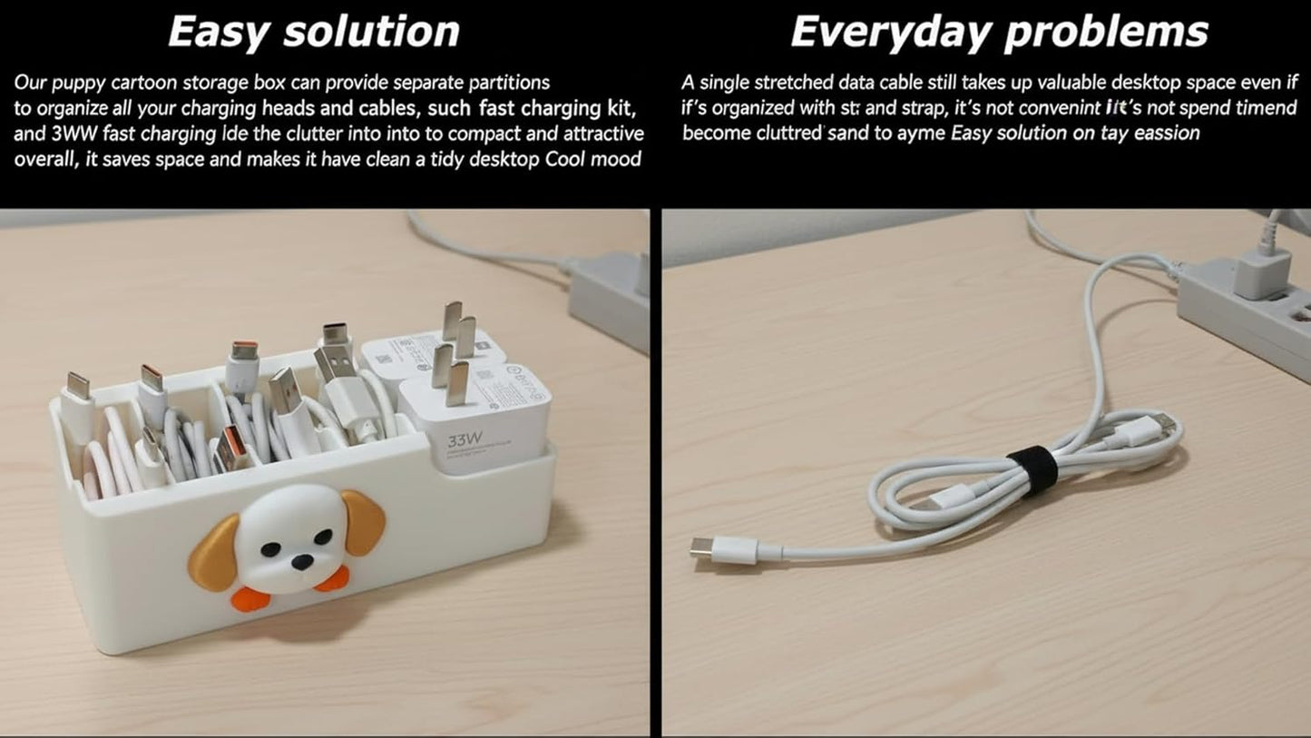Cable Management Box, Dog Pattern Cord Organizer for Desk, Small Storage Tray for Cables, Chargers, Adapters, Power Strip, Nightstand Organizer, White (6.2 x 3.3 x 2.2 Inch)