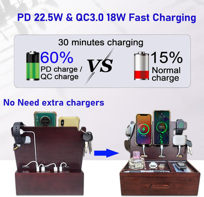 Nightstand Organizer with Drawer Built in 4 USB Charger, Wood Phone Docking Station with Dual Phone Charging Station for Apple Android Phones Anniversary Birthday Gifts for Men Dad Hunsband Mom